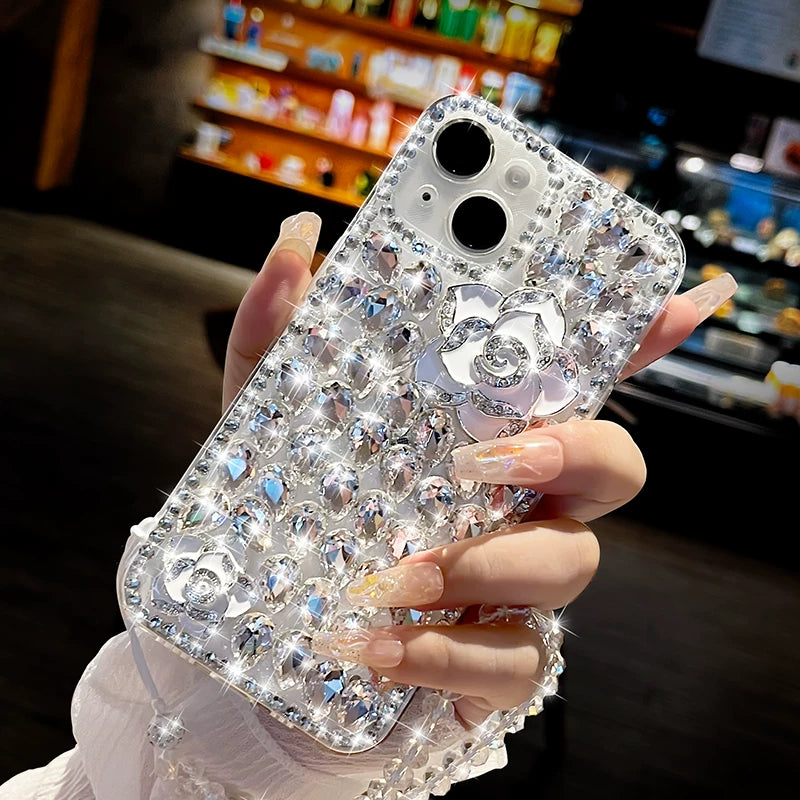 Fully diamond-encrusted rose-patterned transparent soft phone case with lanyard