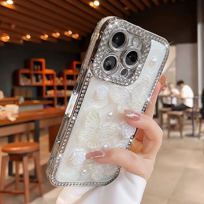 Luxury rhinestone butterfly pearl flower airbag edge phone case
