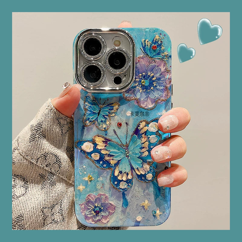 Blue oil painting butterfly and flower silicone phone case