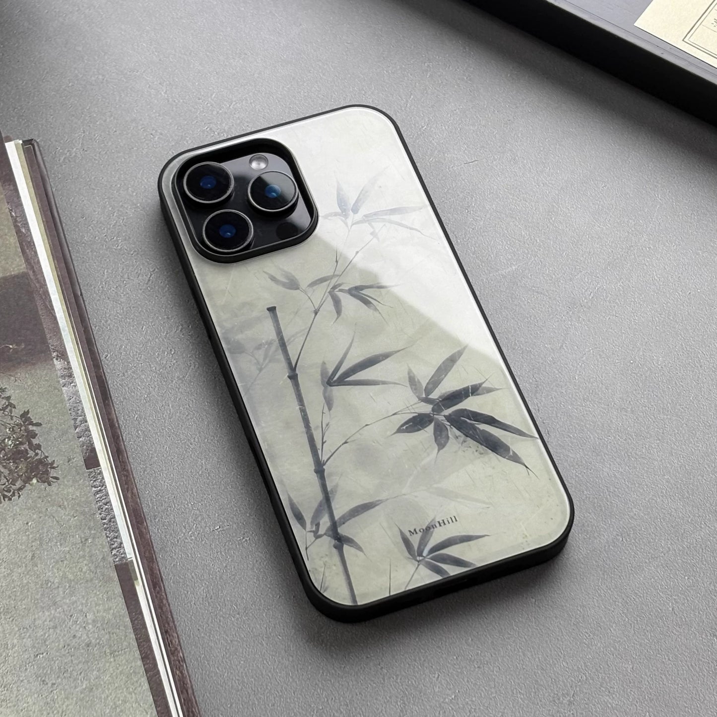 Ink painting style bamboo design anti-slip full-coverage tempered glass premium phone case