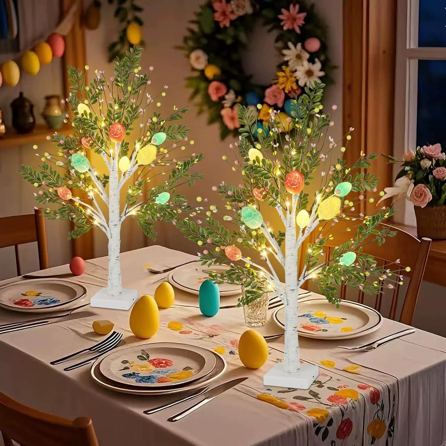 Easter glow-up eggs, camellia tree, birch tree lights