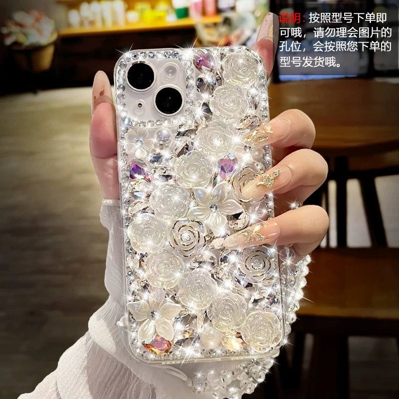 Sparkling rhinestone bow creative transparent soft phone case with lanyard
