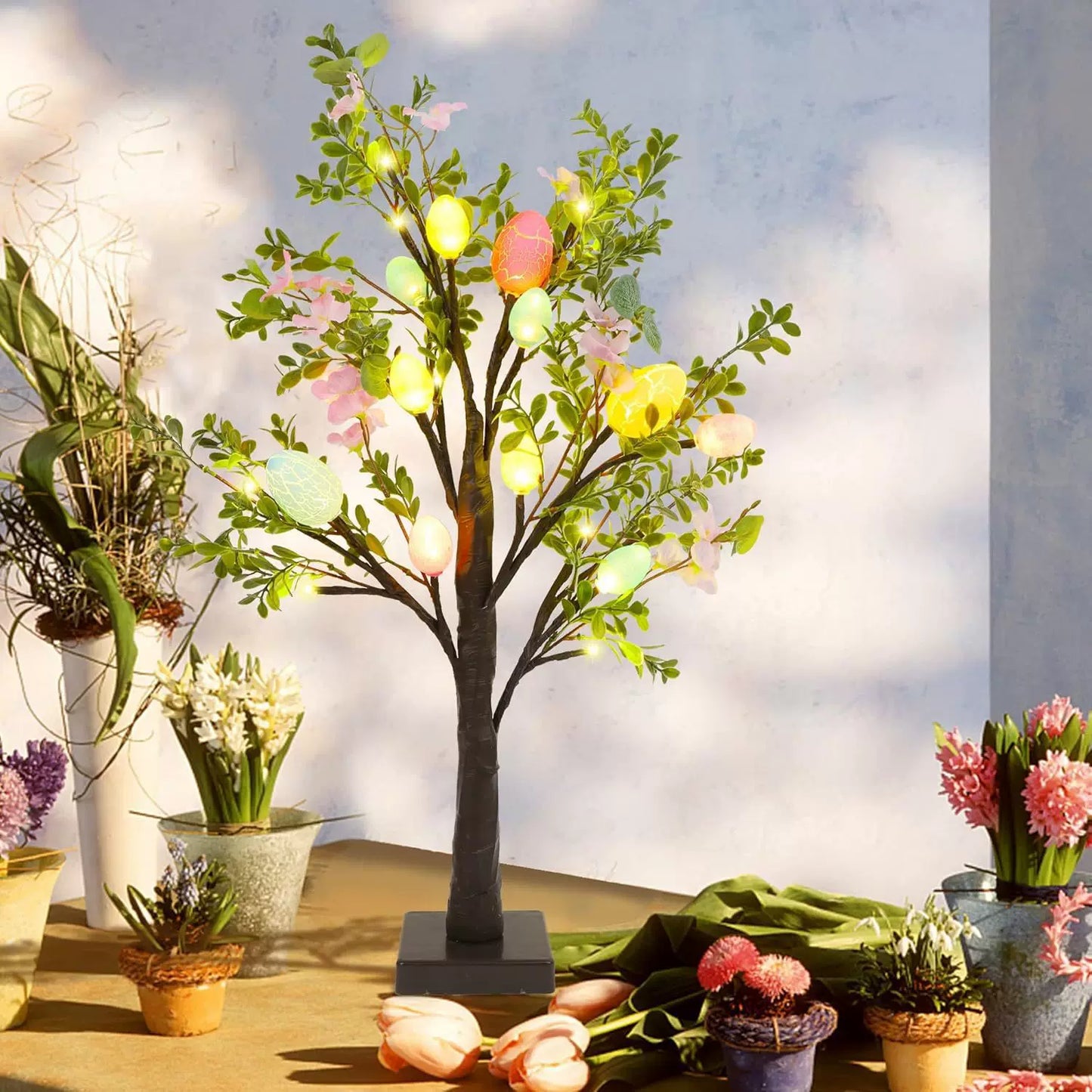Easter glow-up eggs, camellia tree, birch tree lights