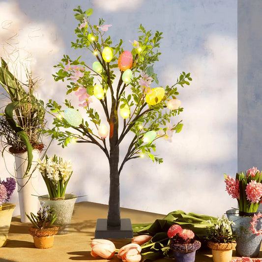 Easter glow-up eggs, camellia tree, birch tree lights