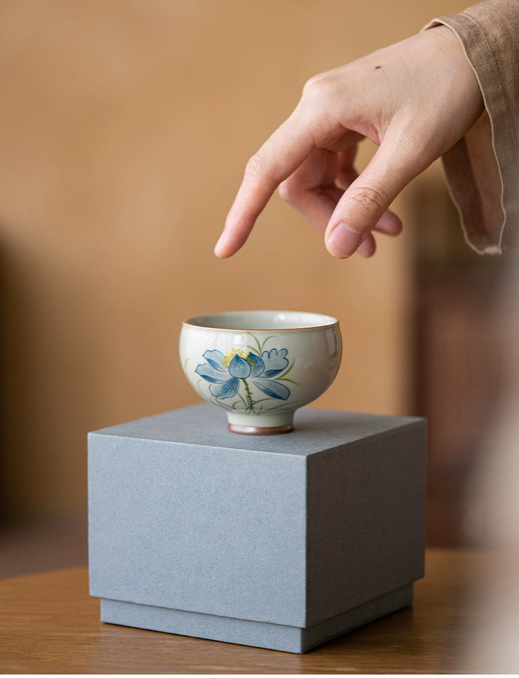 Wood Ash Glazed Hand-Painted Lotus Ceramic Teacup