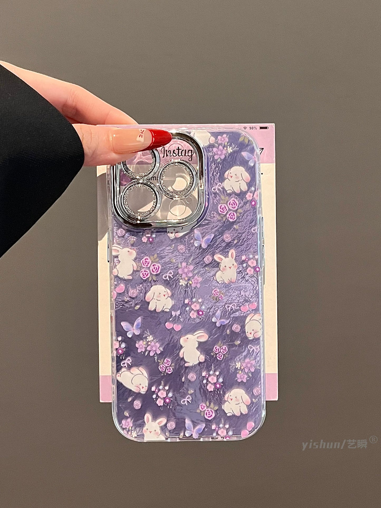 Early Spring Purple Floral Bunny Tin Foil Textured Phone Case