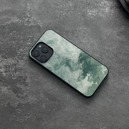 Green wavy pattern anti-slip full-coverage glass phone case with a premium feel.