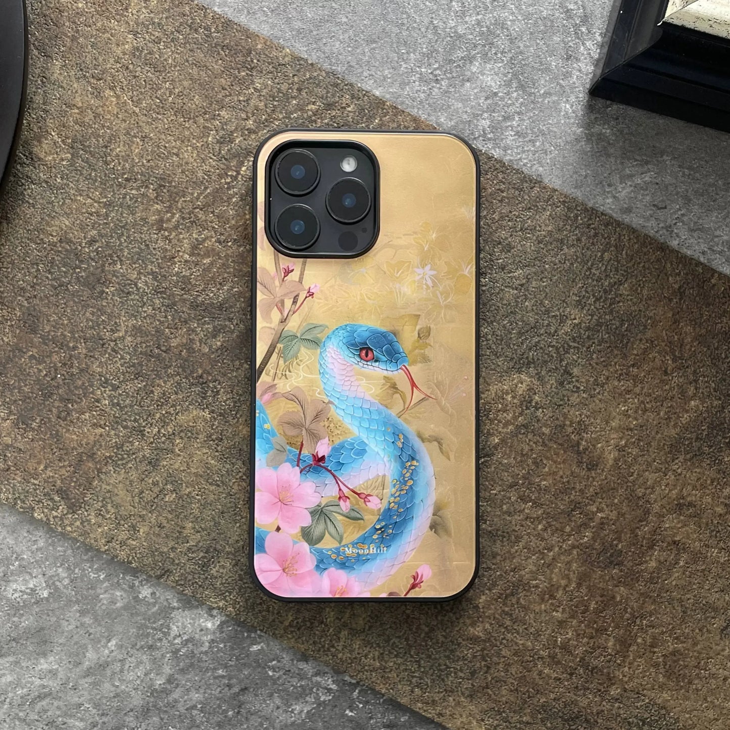 Blue Peach Blossom Snake Art Design Non-slip Full Coverage Glass Original Premium Phone Case