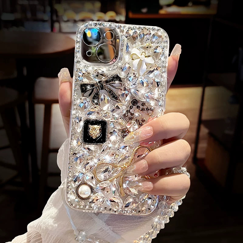 Sparkling rhinestone bow creative transparent soft phone case with lanyard