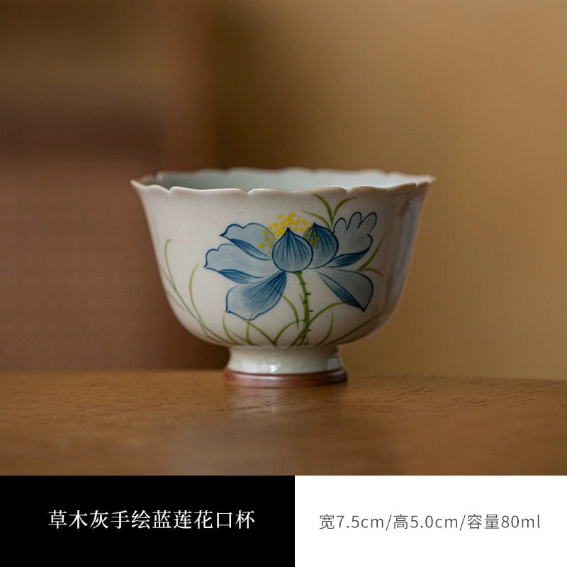 Wood Ash Glazed Hand-Painted Lotus Ceramic Teacup
