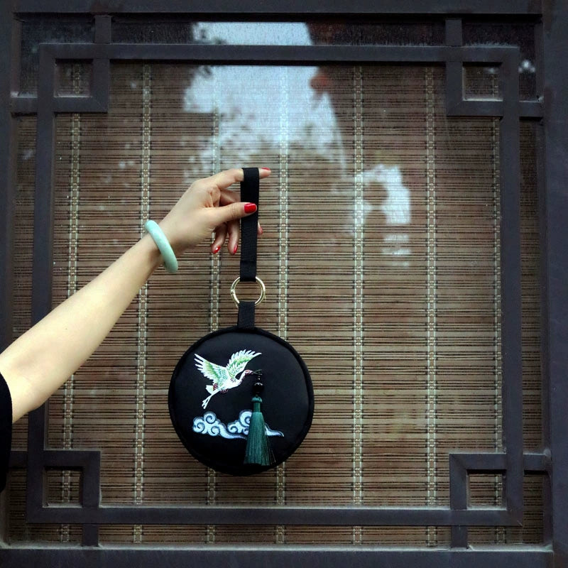 Chinese Retro White Crane Mini Leather Bag