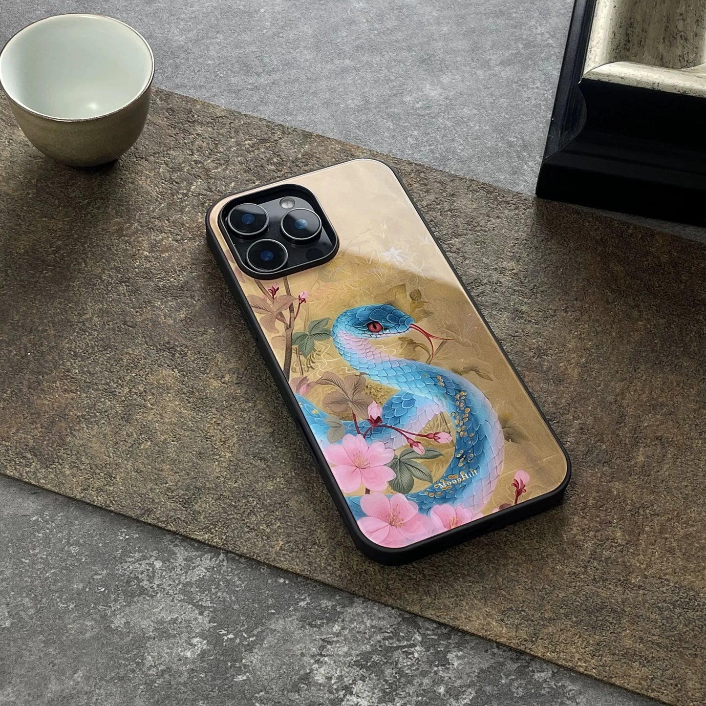 Blue Peach Blossom Snake Art Design Non-slip Full Coverage Glass Original Premium Phone Case