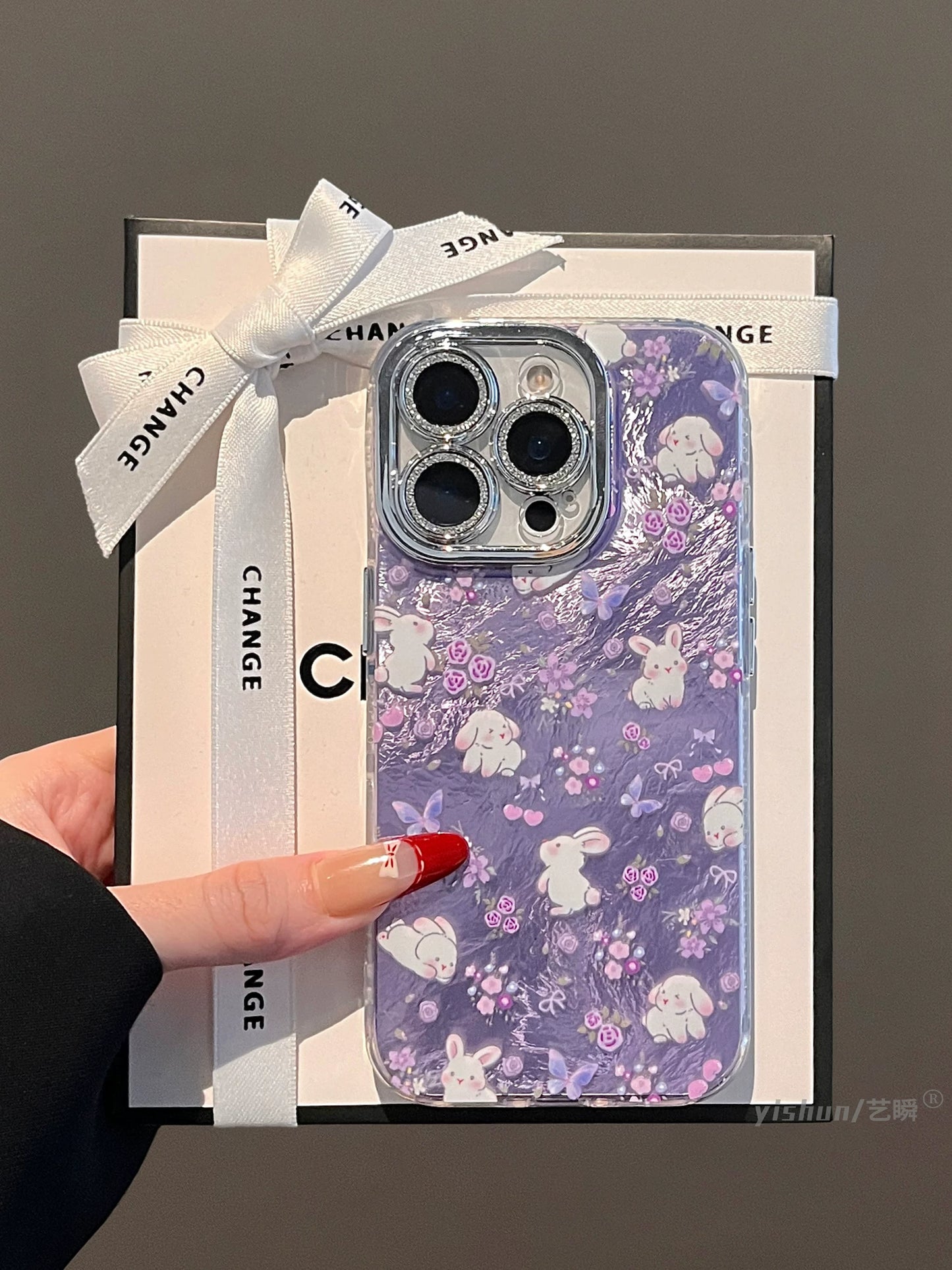 Early Spring Purple Floral Bunny Tin Foil Textured Phone Case