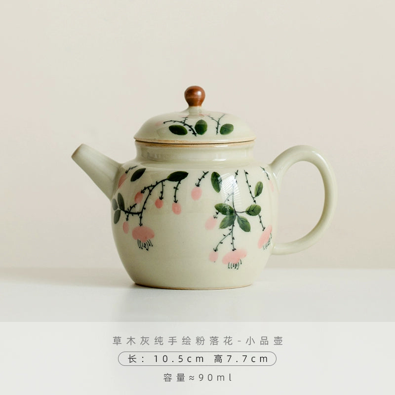 Wood Ash Pure Hand-painted Pink Flower Ceramic Teapot