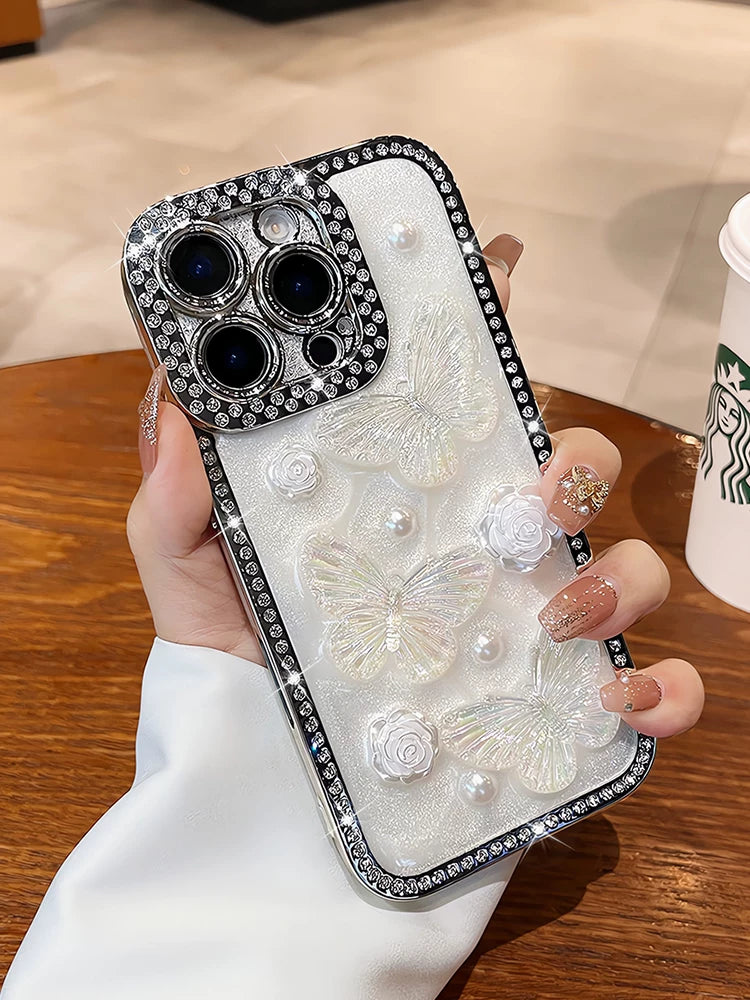 Luxury rhinestone butterfly pearl flower airbag edge phone case