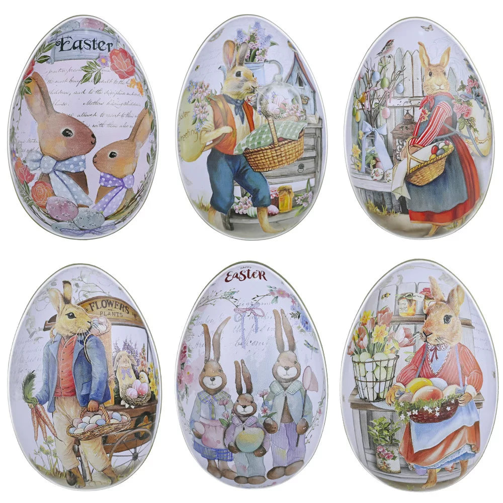 Easter tin eggshells, colorful bunnies, candy egg-shaped tin boxes