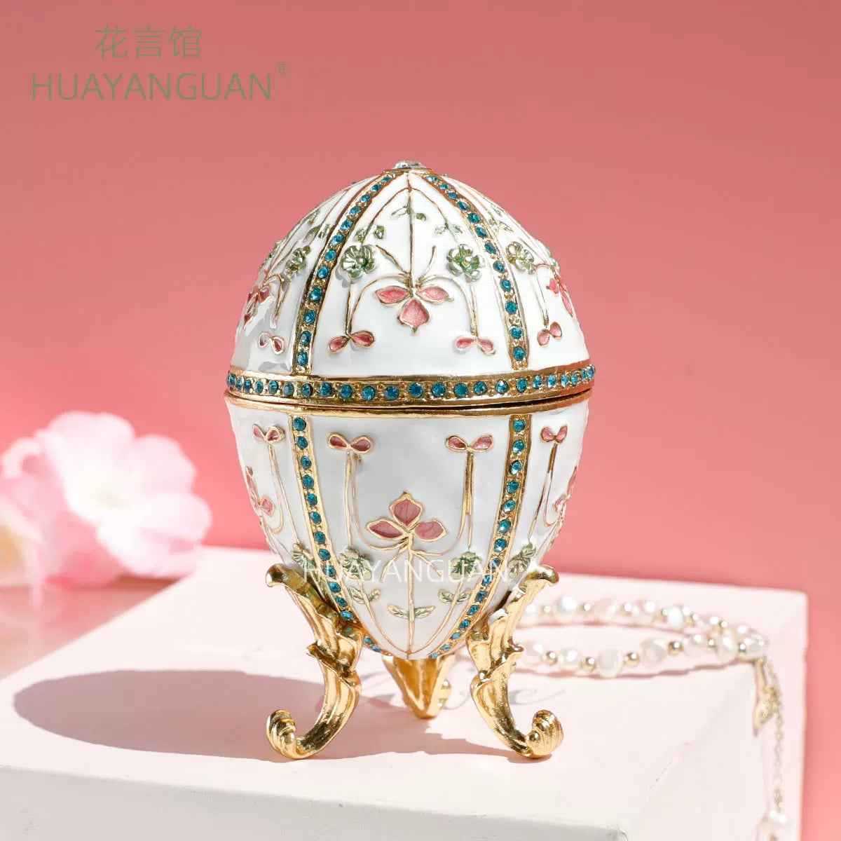 Easter European-style metal enamel painted egg jewelry box