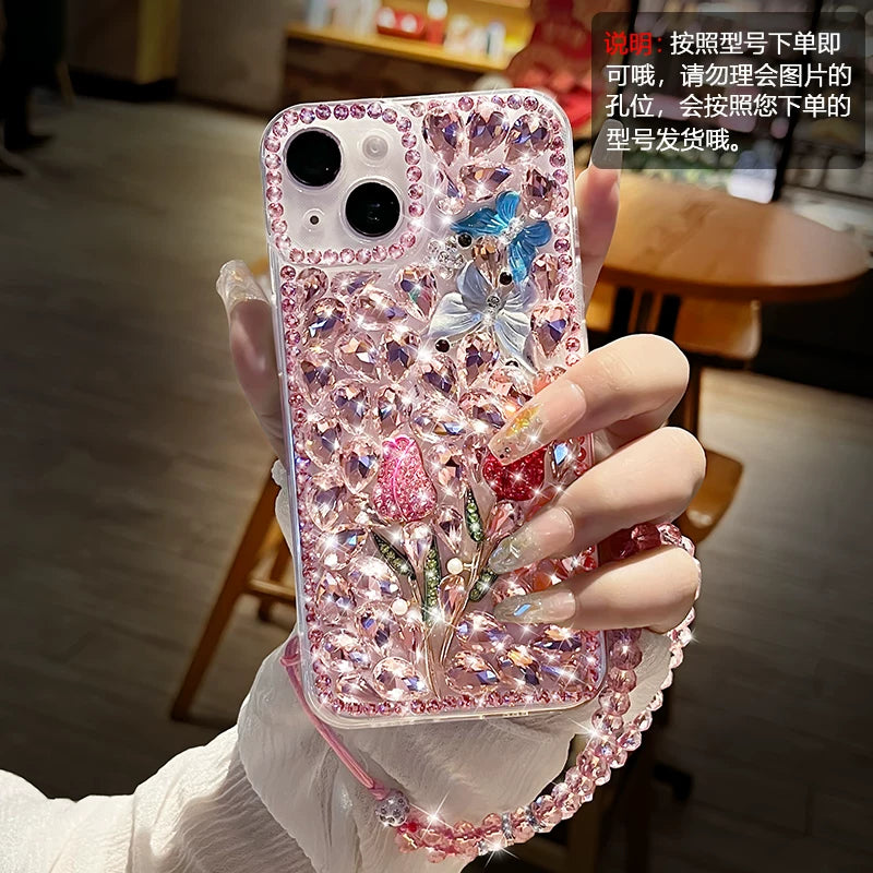 Fully diamond-encrusted rose-patterned transparent soft phone case with lanyard