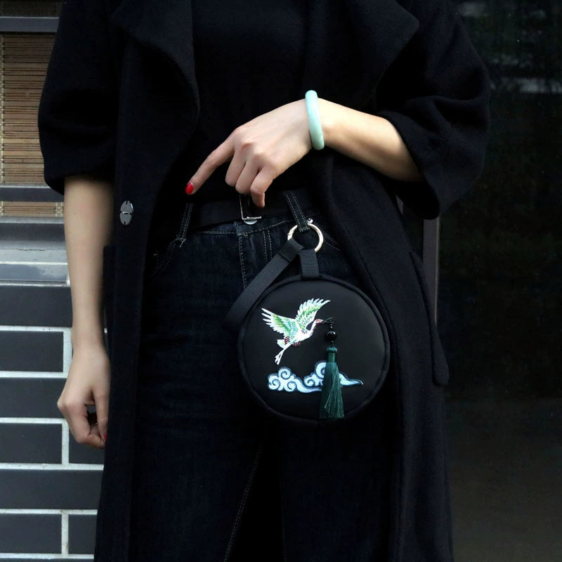 Chinese Retro White Crane Mini Leather Bag