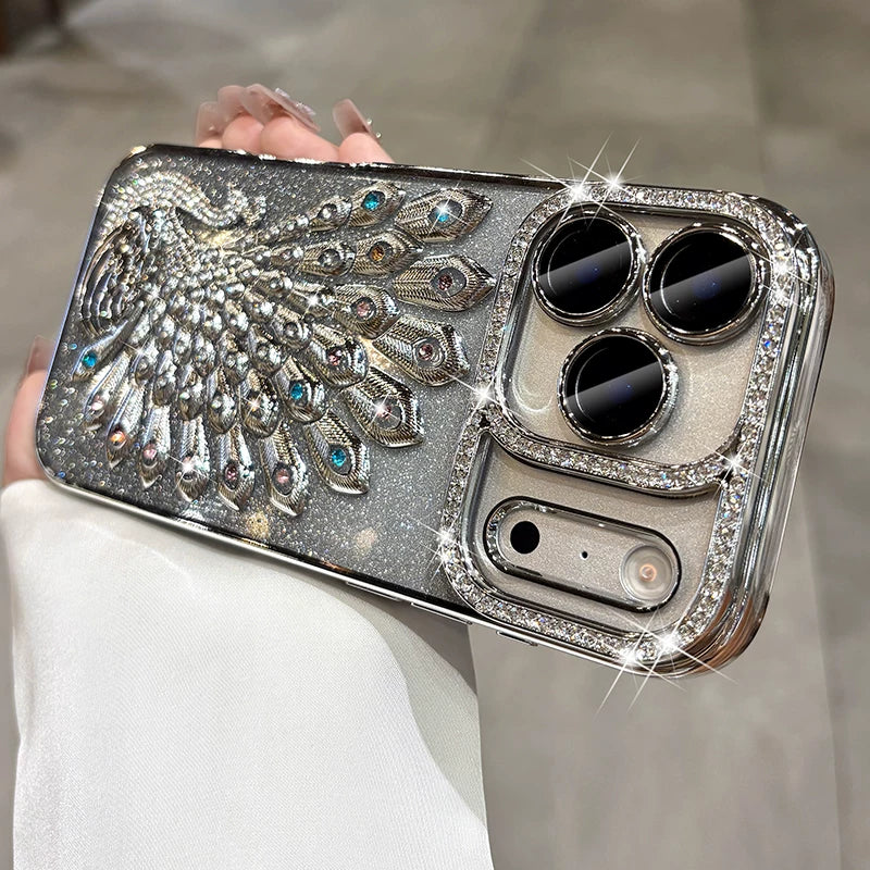 Diamond peacock glitter phone case with built-in lens protector, full coverage phone case