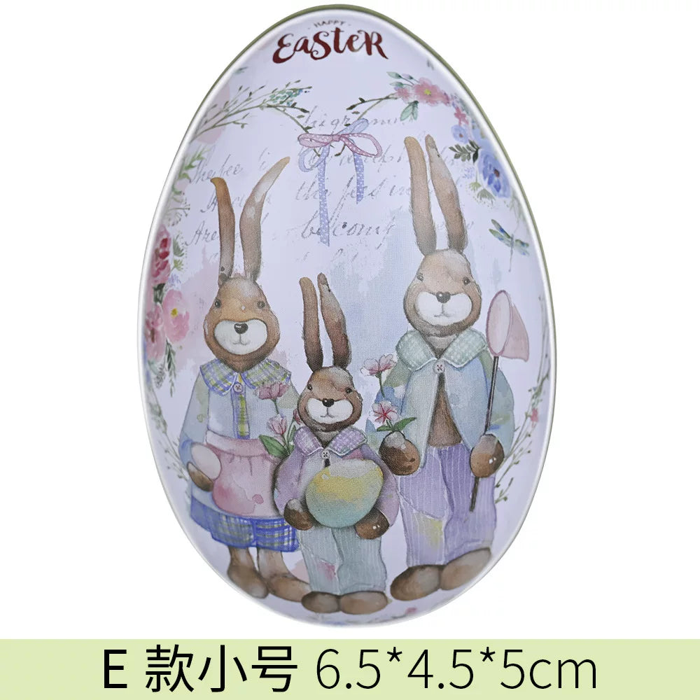 Easter tin eggshells, colorful bunnies, candy egg-shaped tin boxes