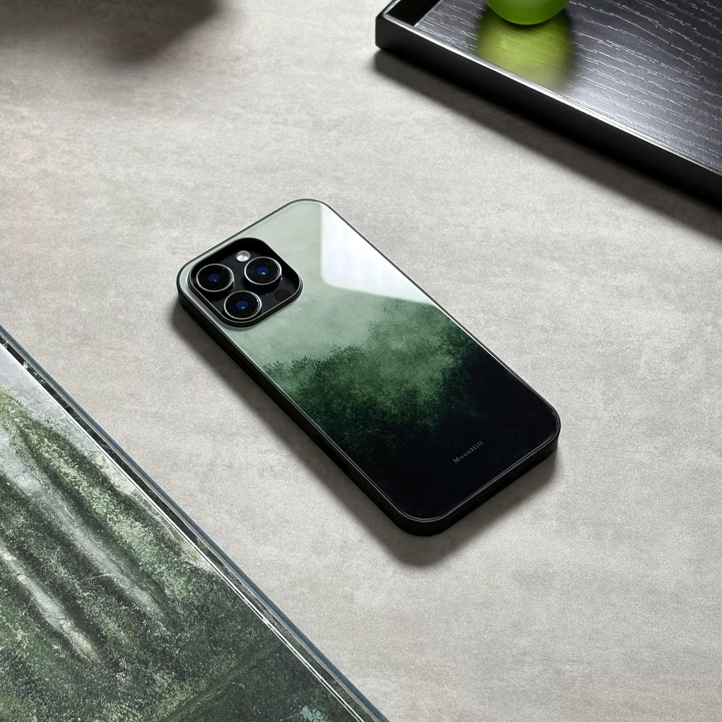 Dark green mountain silhouette anti-slip full-coverage glass premium phone case