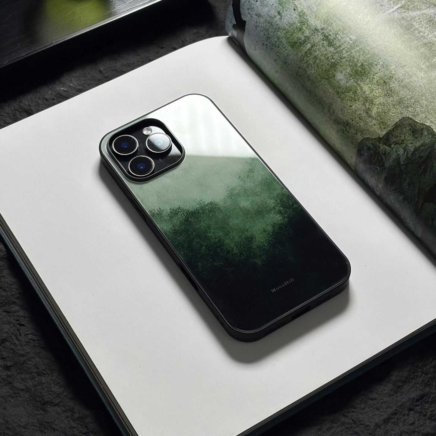 Dark green mountain silhouette anti-slip full-coverage glass premium phone case