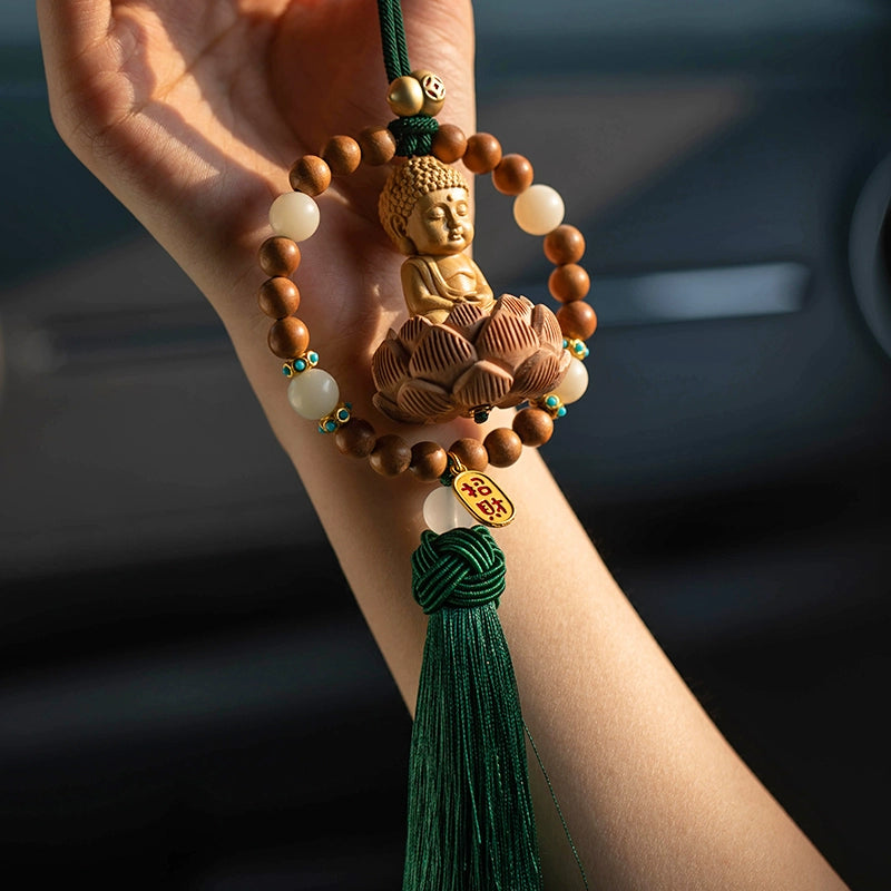 Yellow Peach Wood Baby Buddha Car Pendant
