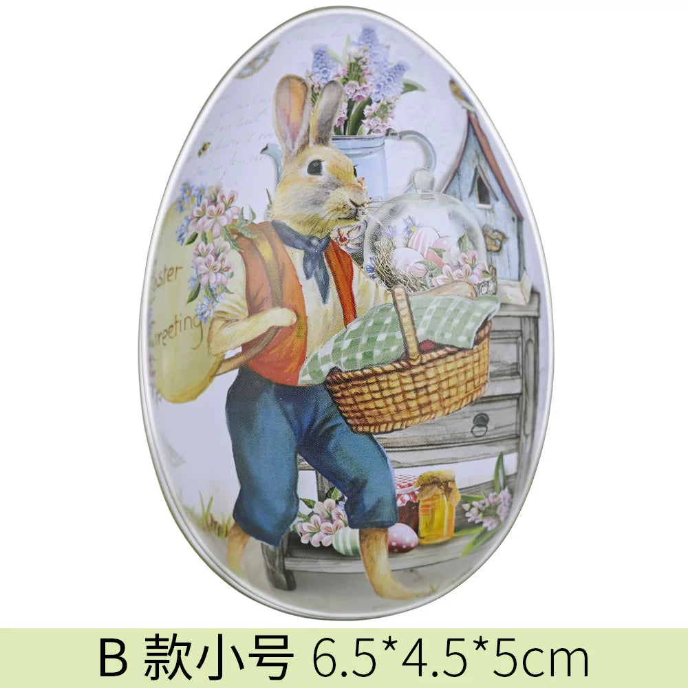 Easter tin eggshells, colorful bunnies, candy egg-shaped tin boxes