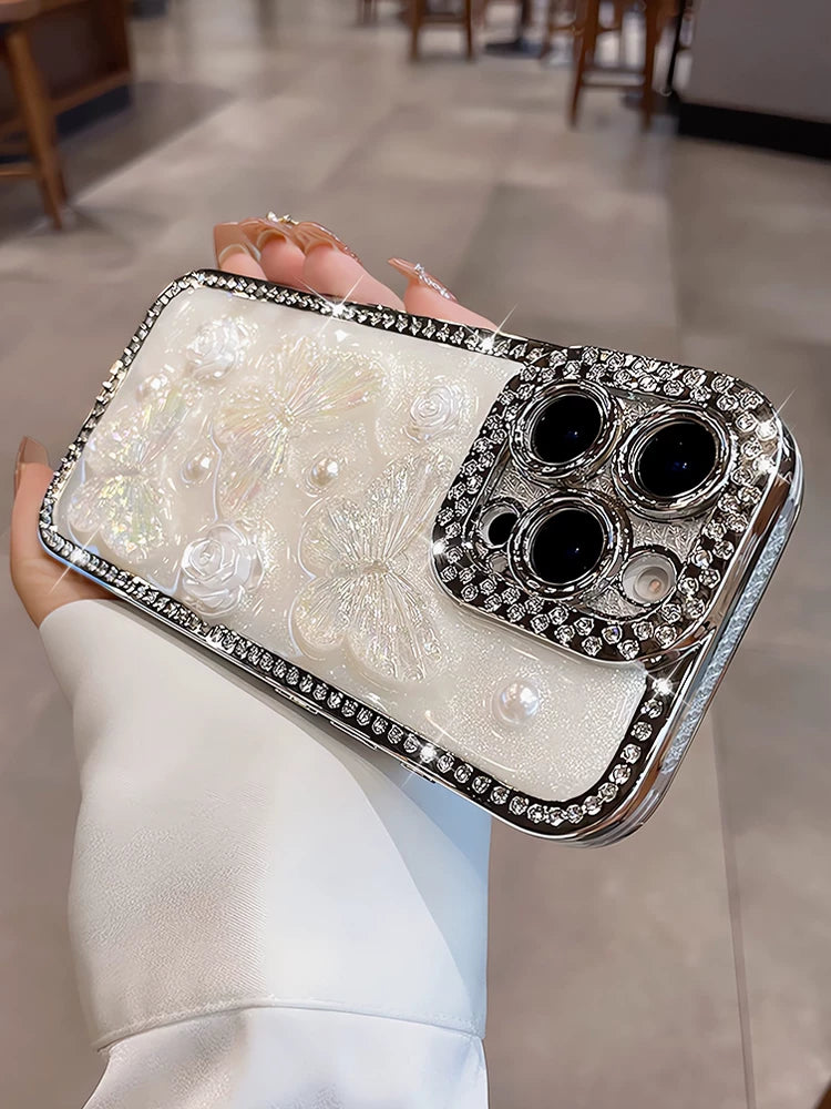 Luxury rhinestone butterfly pearl flower airbag edge phone case