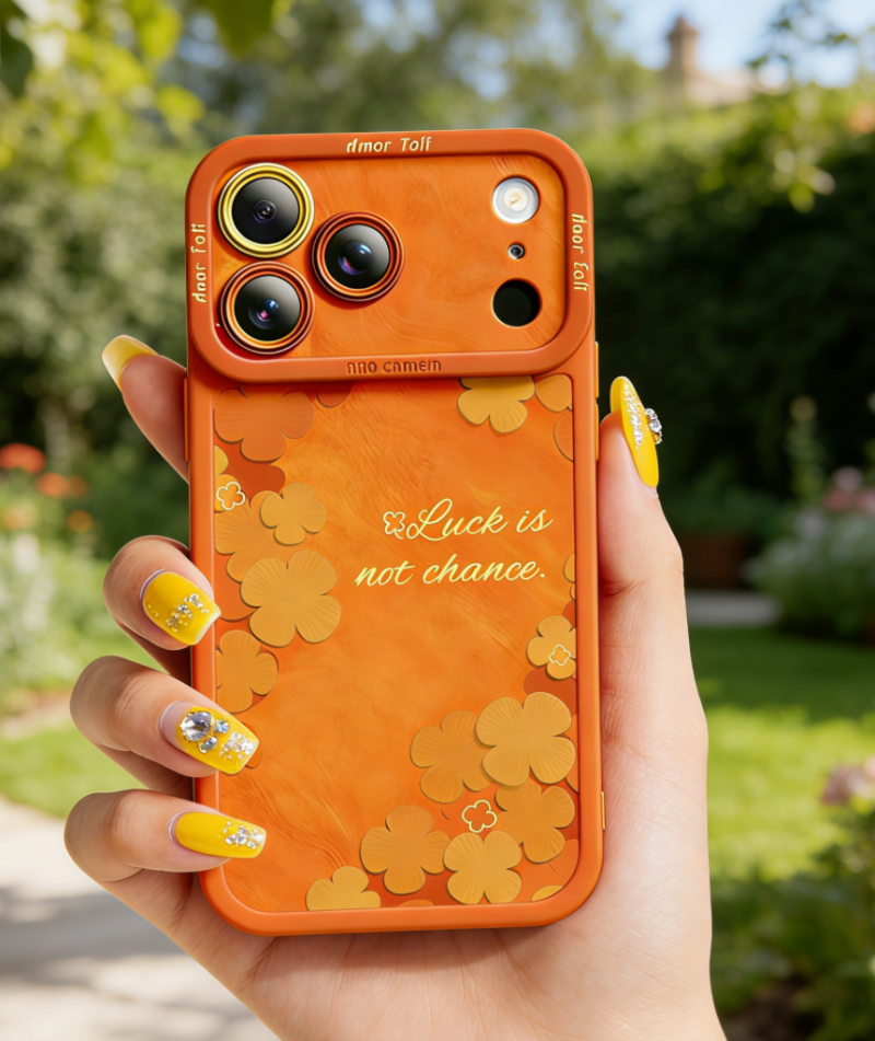 Orange phone case with floral design and 'Luck is not chance' text held by a hand outdoors.