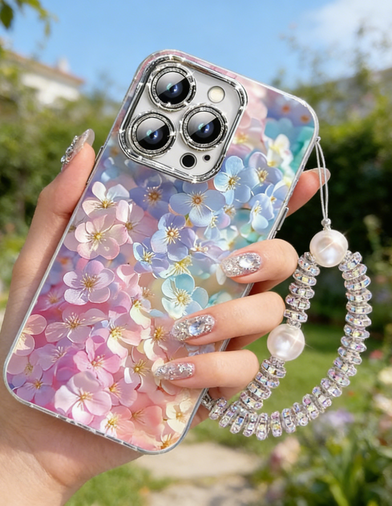 Phone case with floral design held by a hand with decorative nails, outdoors.