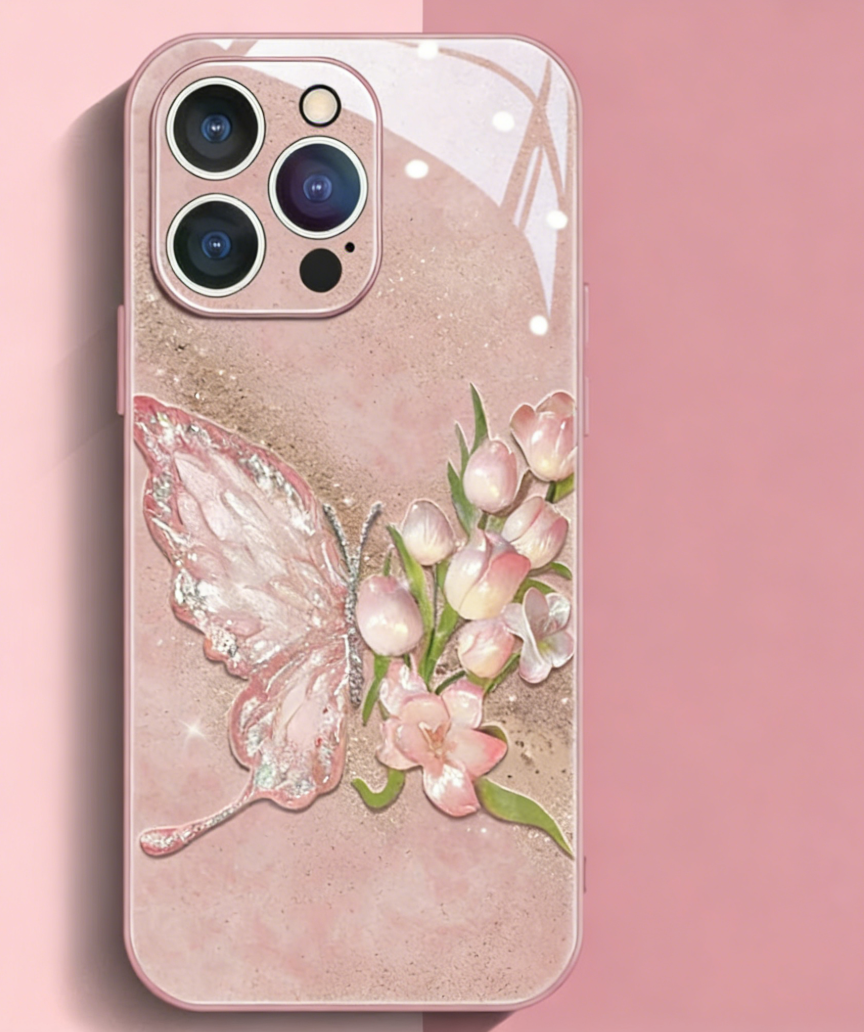 Pink Phone case with butterfly and floral design on a pink background