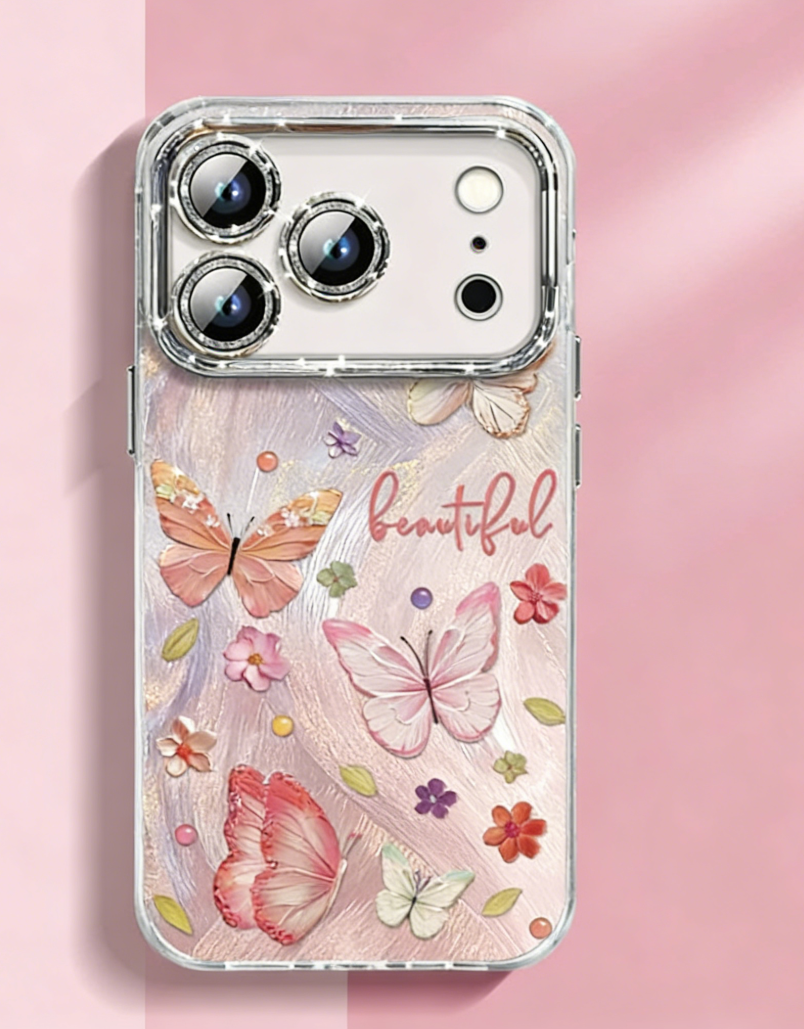 Pink Phone case with butterfly design and 'beautiful' text on a pink background