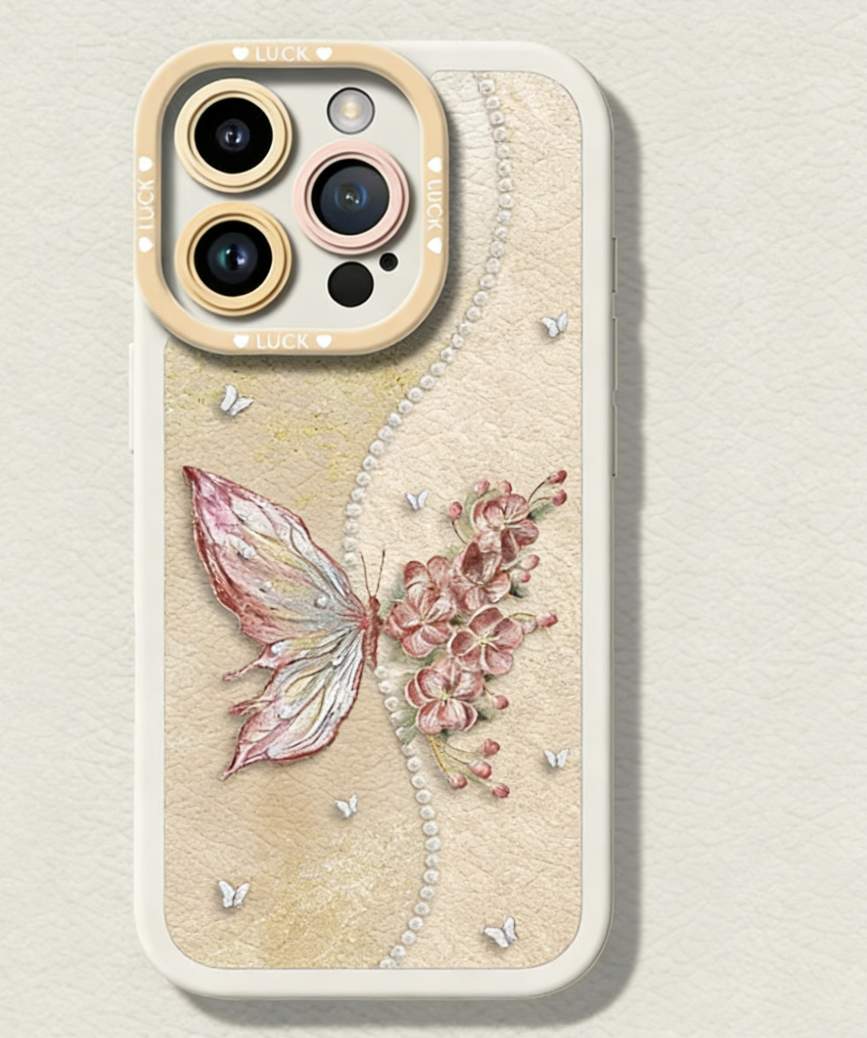 Butterfly-patterned lambskin embossed soft case full-coverage phone case
