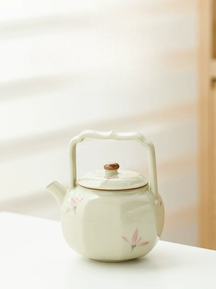 Octafoil Archaic Teapot with Hand-Painted Pink Orchids