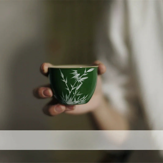 Hand-Painted Bamboo Leaf Vintage Tea Cup