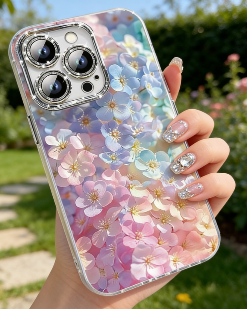 Phone case with floral design held by a hand in a garden setting