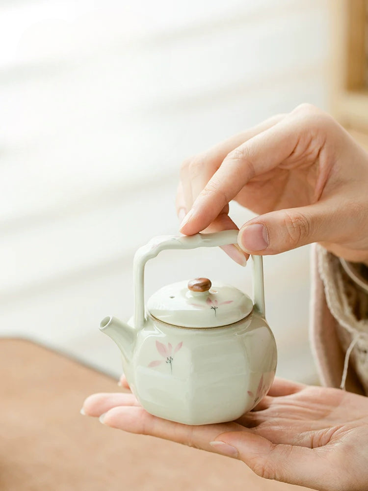 Octafoil Archaic Teapot with Hand-Painted Pink Orchids