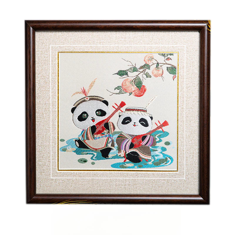 Natural Wood Shu Embroidery Panda Photo Frame Ornament
