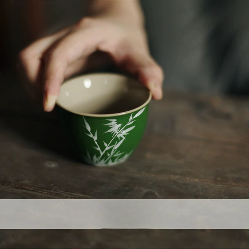 Hand-Painted Bamboo Leaf Vintage Tea Cup