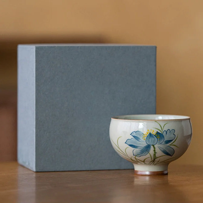 Wood Ash Glazed Hand-Painted Lotus Ceramic Teacup