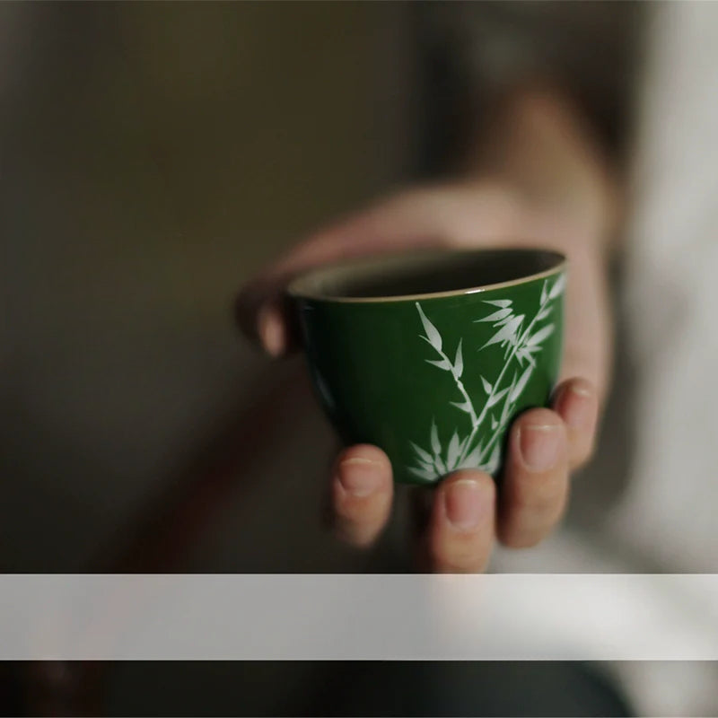 Hand-Painted Bamboo Leaf Vintage Tea Cup