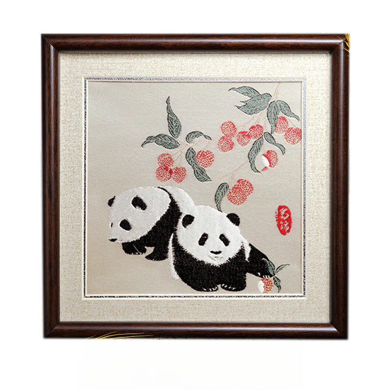 Natural Wood Shu Embroidery Panda Photo Frame Ornament