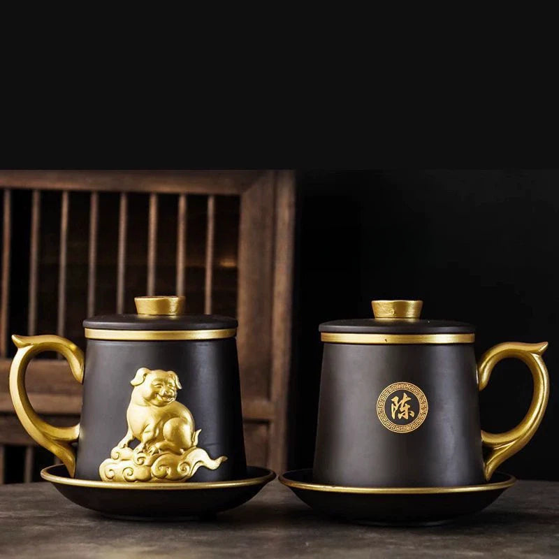 Chinese Zodiac Gilded Zisha Office Cup