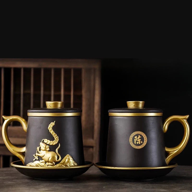 Chinese Zodiac Gilded Zisha Office Cup