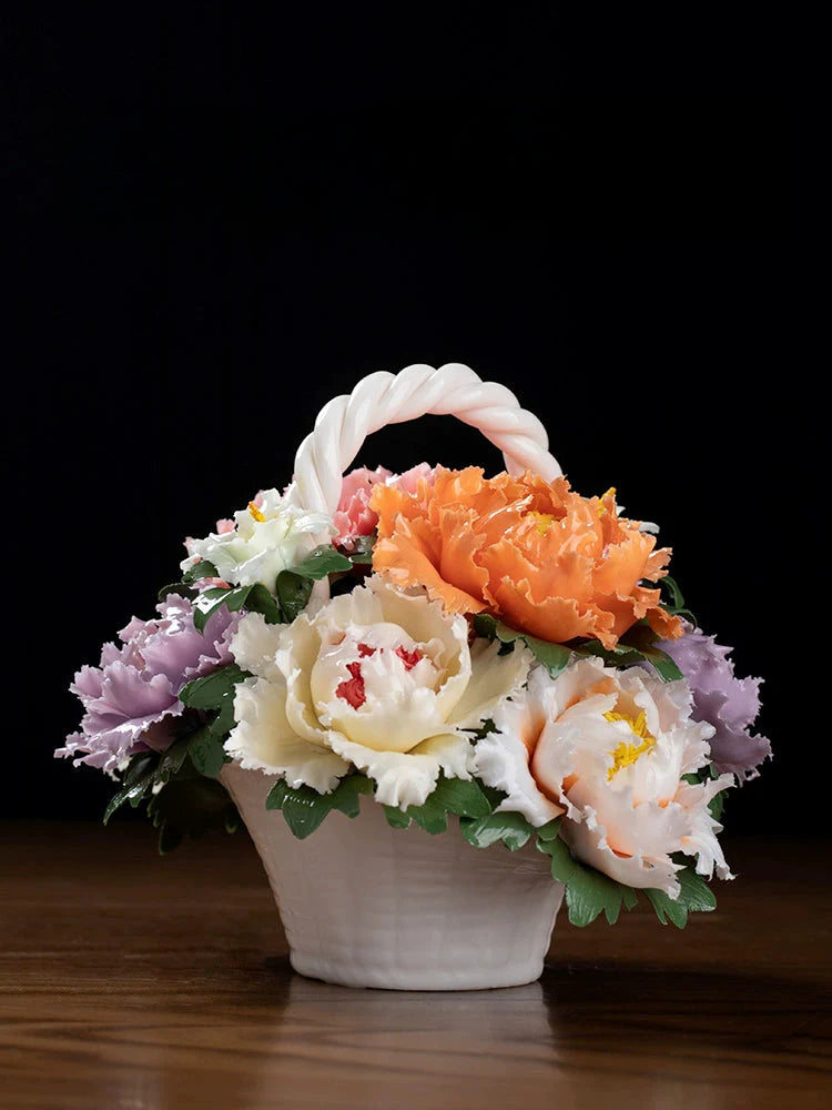 Ceramic Rich Flower Peony Flower Basket Art Decoration