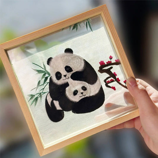 Natural Wood Shu Embroidery Panda Photo Frame Ornament