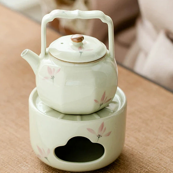 Octafoil Archaic Teapot with Hand-Painted Pink Orchids