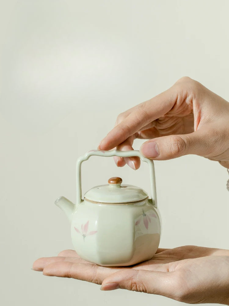 Octafoil Archaic Teapot with Hand-Painted Pink Orchids